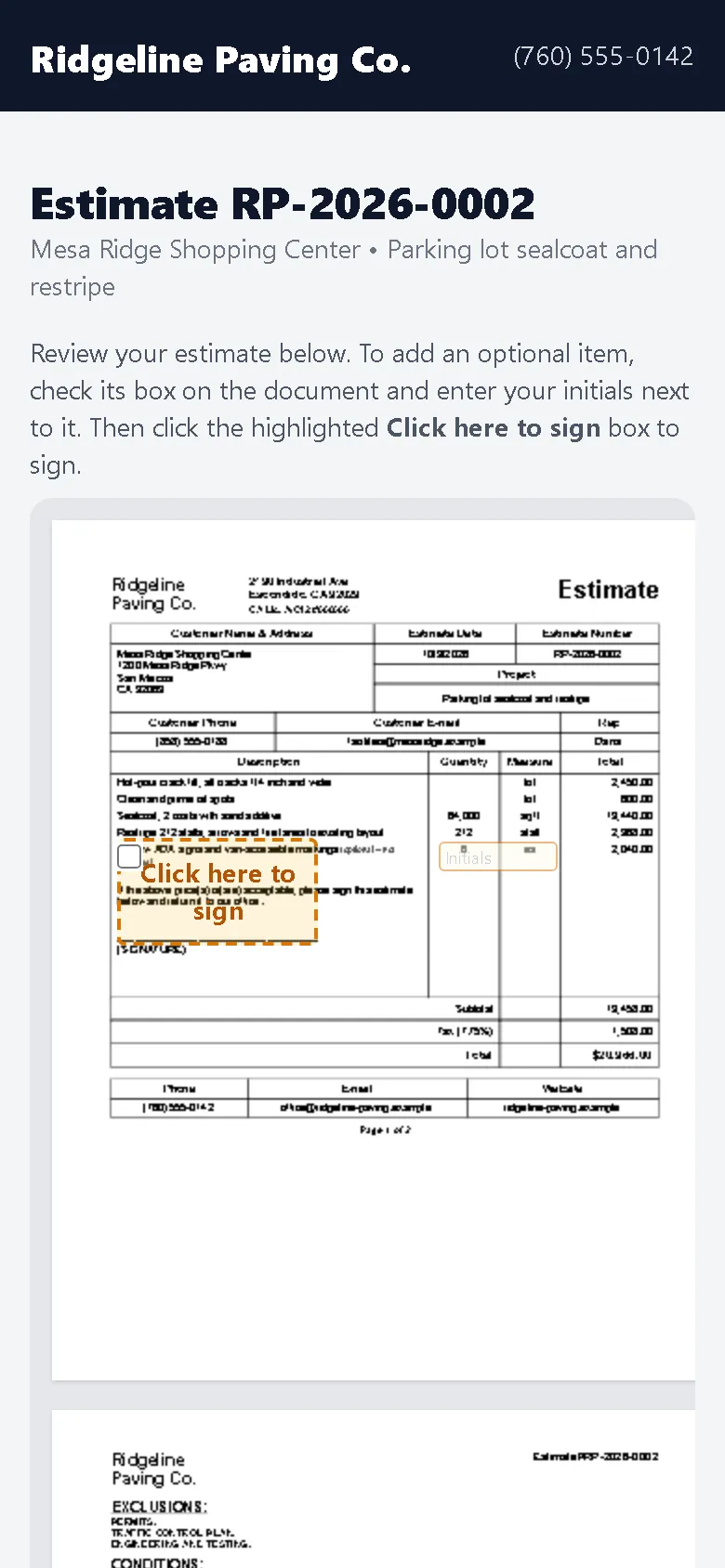 A customer signing an estimate on a phone