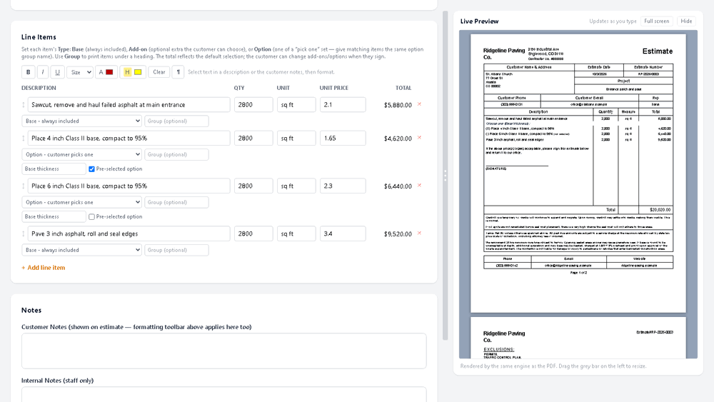Adding a line item while the estimate PDF updates