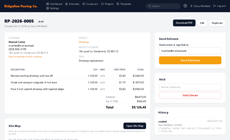 Sending an estimate to the customer