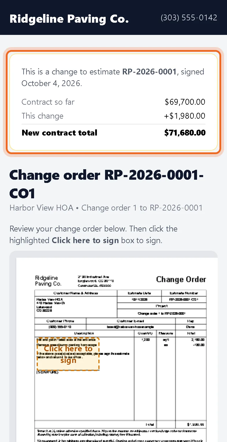Change order on a phone with the new contract total