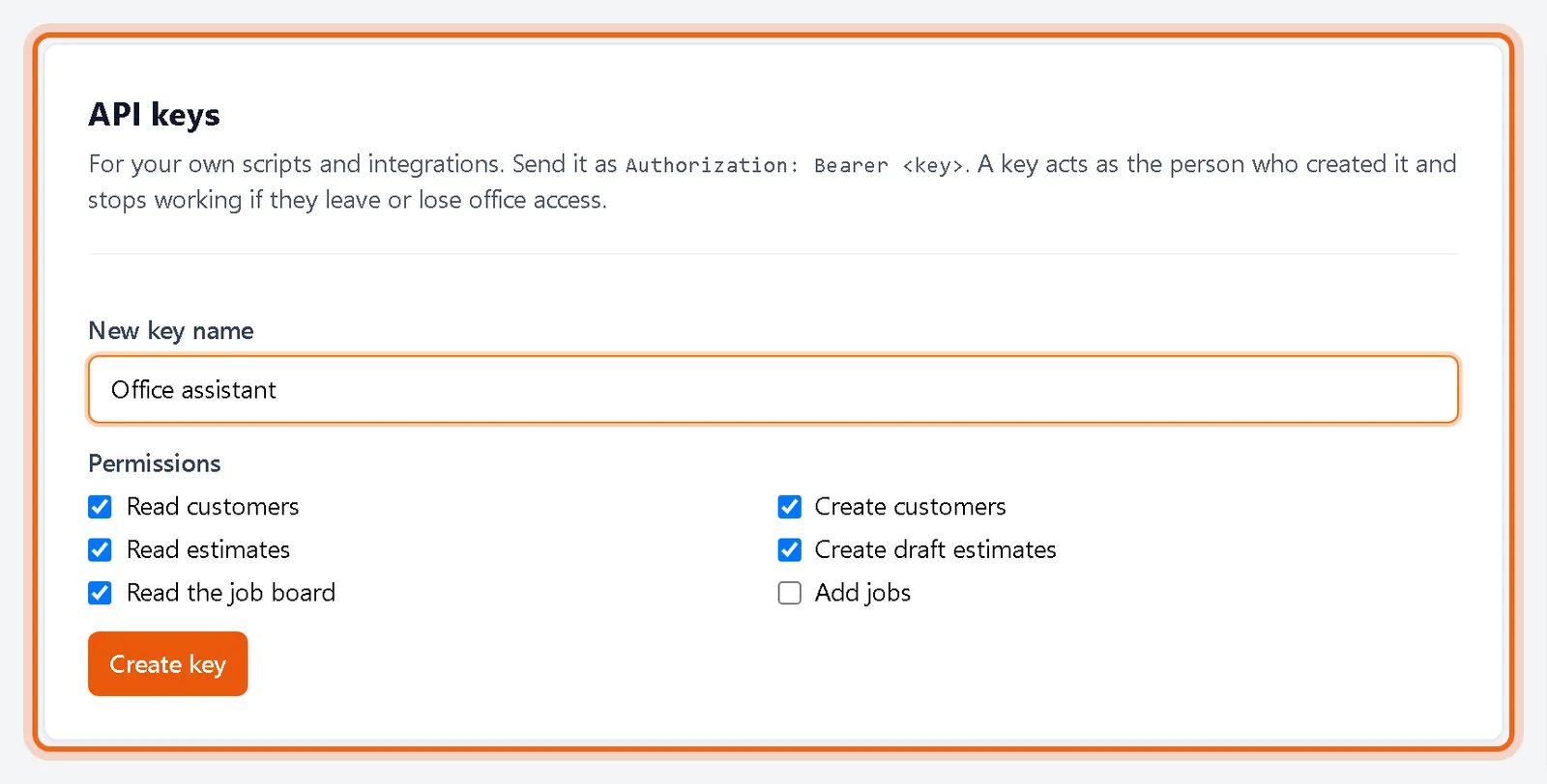 API key form with permissions