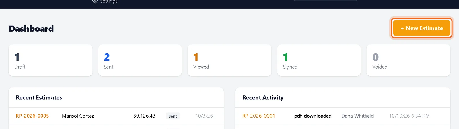 New Estimate button on the dashboard