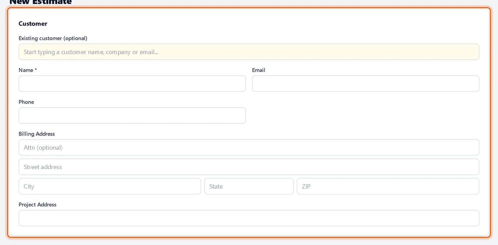 Customer section of the estimate editor