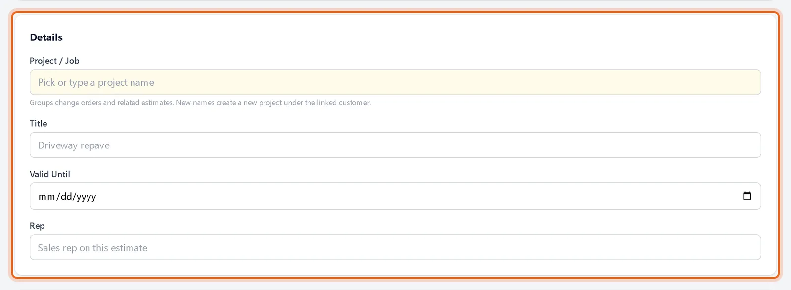 Details section with project, title, valid until and rep