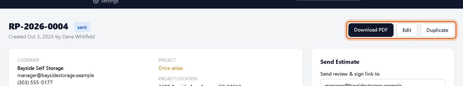Duplicate button on the estimate page