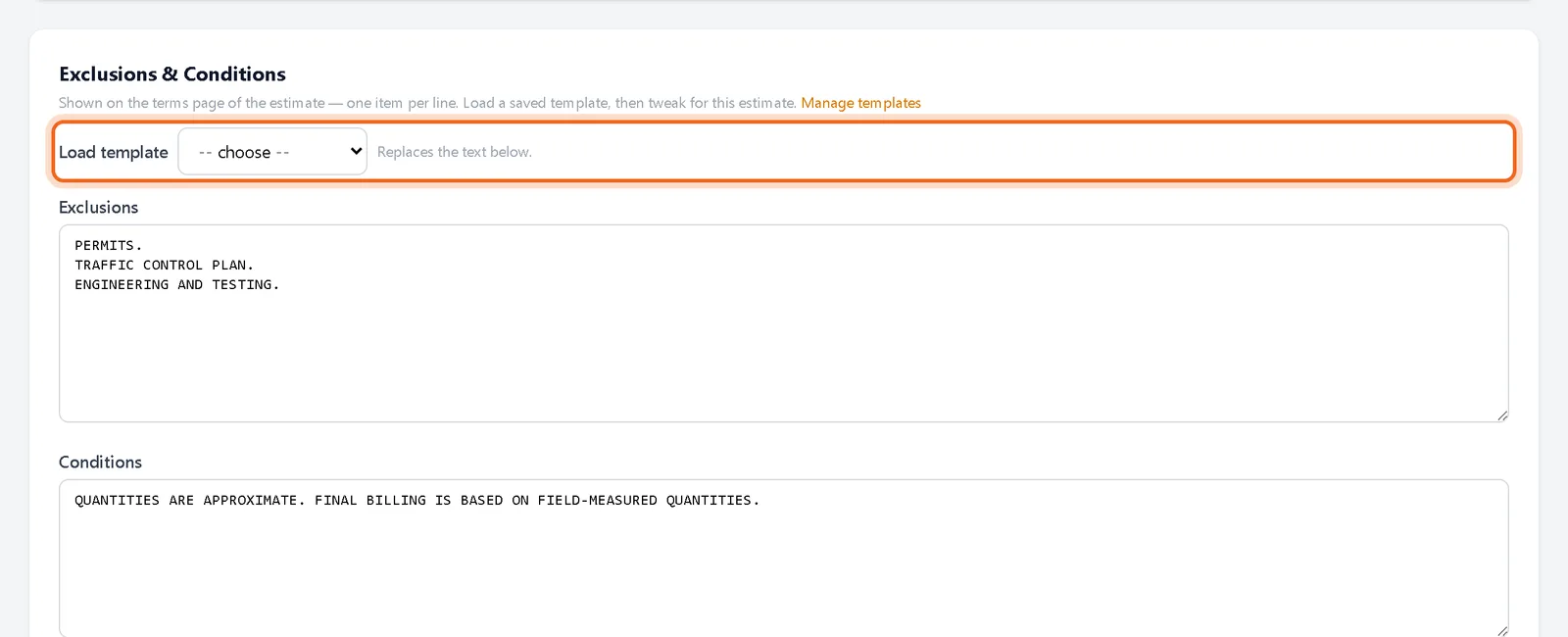 Load template menu in the estimate editor