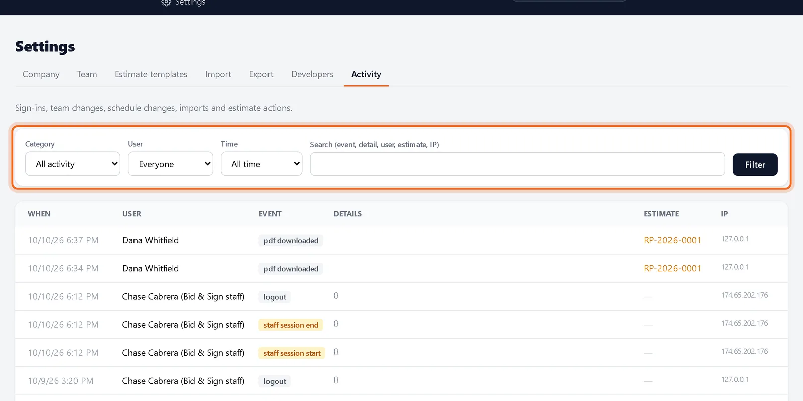 Activity log filters and list
