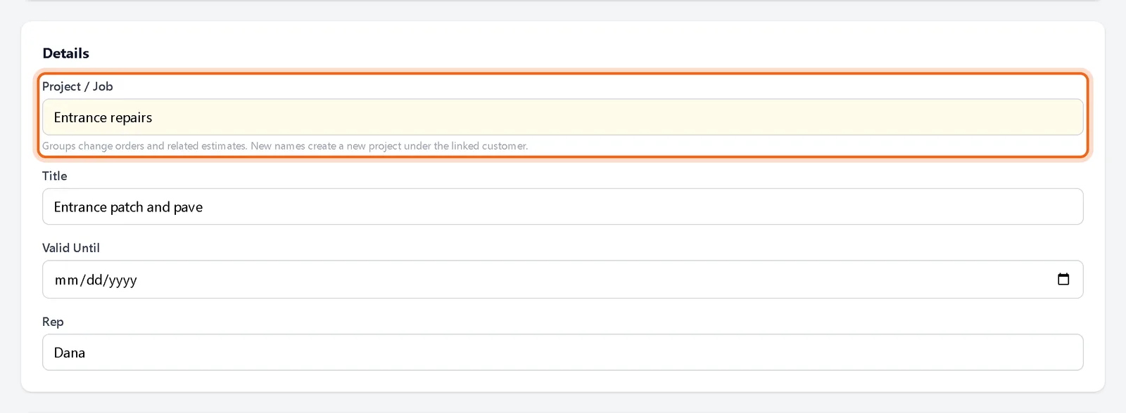 Project field in the estimate editor