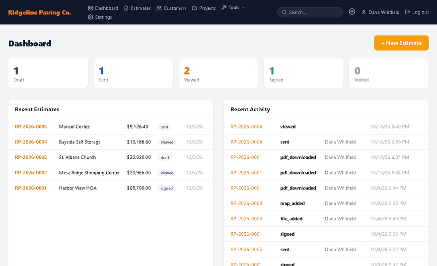 Recording: New Estimate button on the dashboard