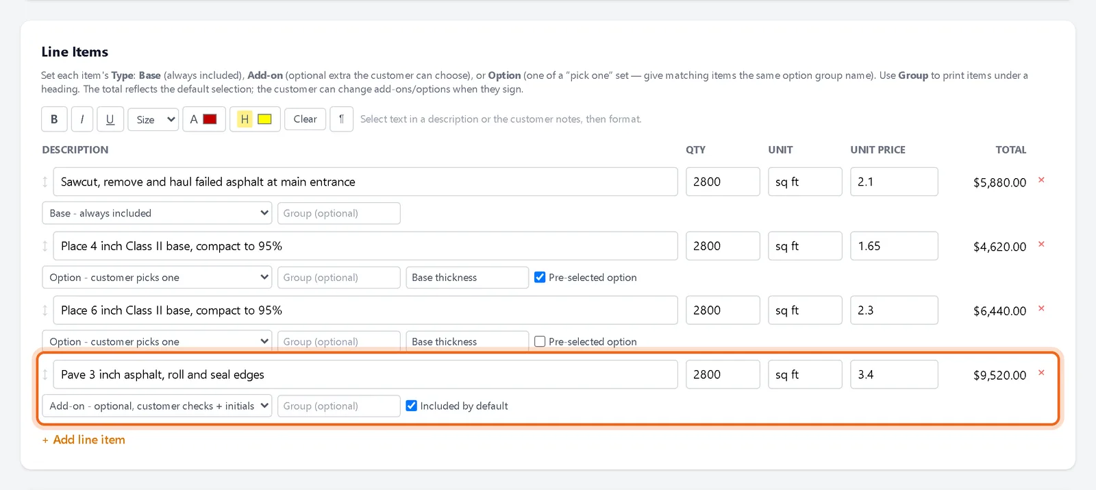 A line set to Add on with Included by default checked