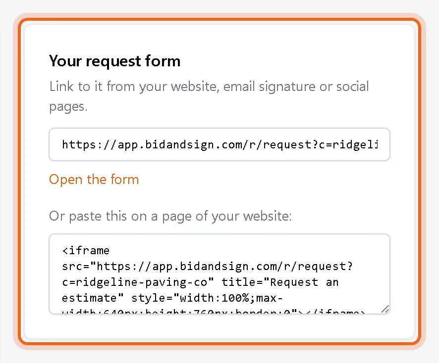 Request form link and embed code