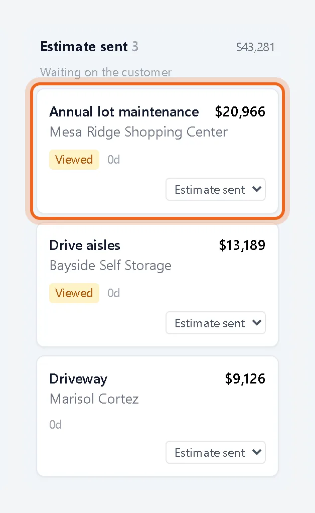 Cards in the Estimate sent column