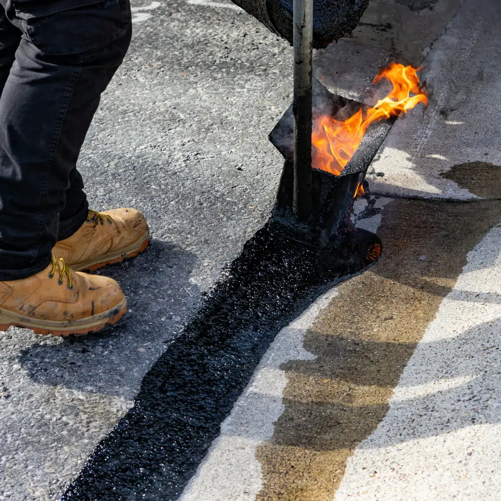 Crew member sealing a hot asphalt patch
